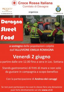 L'evento, organizzato dalla Croce Rossa Italiana - Comitato di Davagna, in collaborazione con la Pro Loco Davagna e con il patrocinio del Comune di Davagna, è a scopo benefico per portare sostegno alle popolazioni colpite dall'alluvione dell'Emilia Romagna.