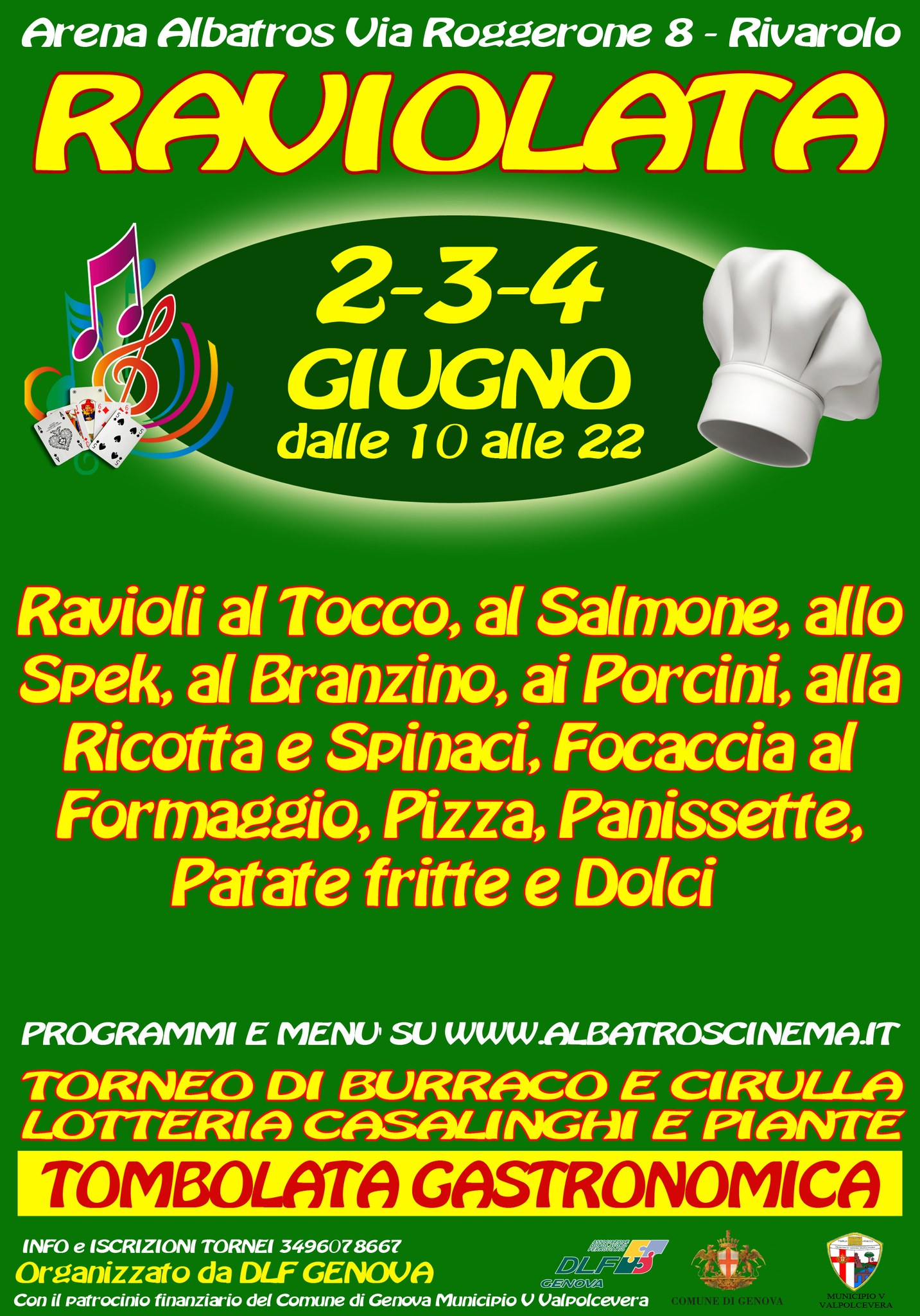 Secondo appuntamento gastronomico all'Arena Albatros di Rivarolo (via Roggerone, 8). In programma la raviolata, da venerdì 2 a domenica 4 giugno 2023, con ravioli presentati in tante varianti e condimenti.